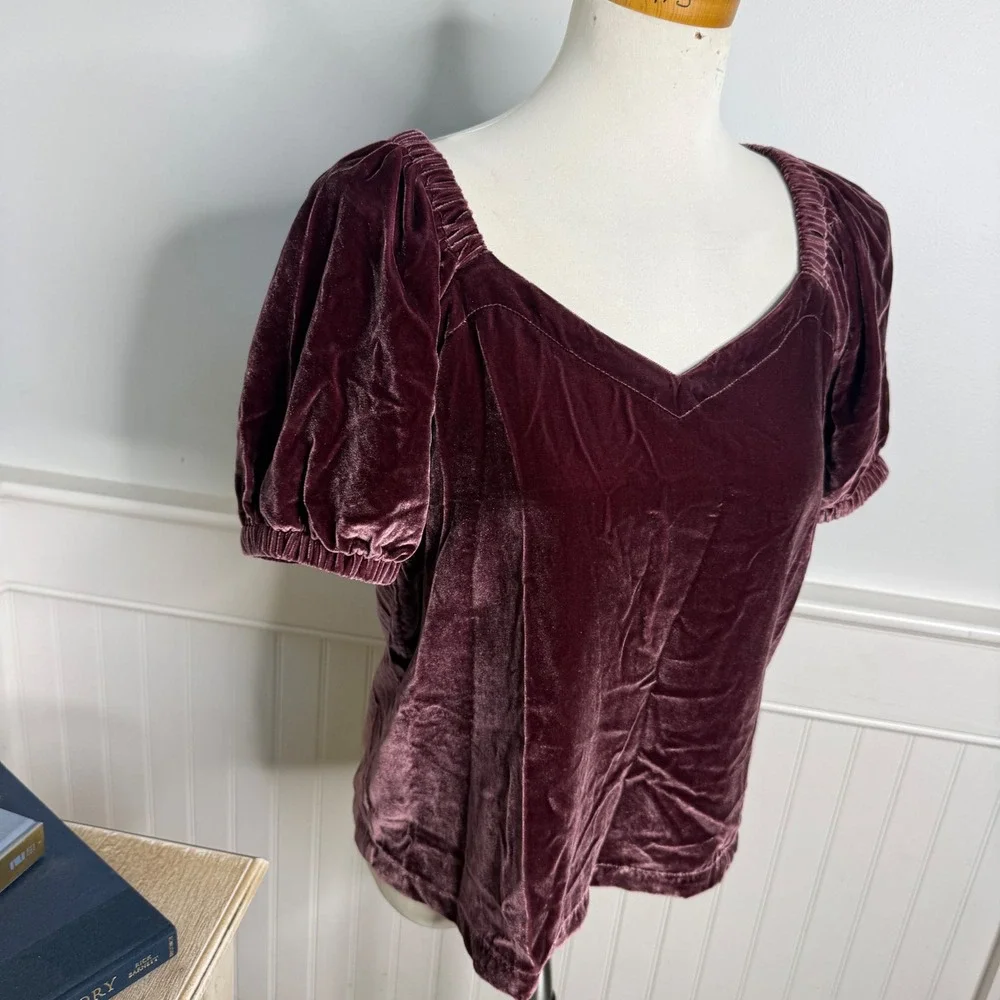 LOFT Petites Burgundy Velvet Sweetheart Puff Sleeve Top Small SP NWT
